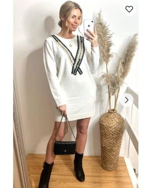 CY Tweed Effect Neckline Long Jumper - Natural