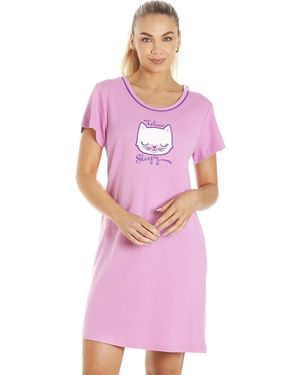 CAMILLE Short Sleeve Cat Print Summer Nightdress - Pink