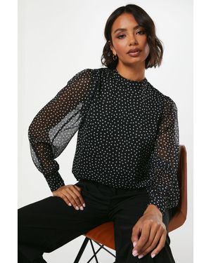 Dorothy Perkins Spot Chiffon High Neck Long Sleeve Blouse - Black