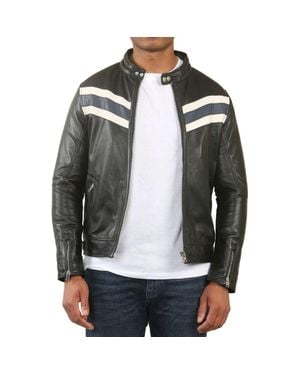 TruClothing Racer Striped Biker Leather Jacket - Black