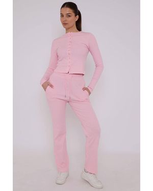 Stylewise Ribbed Button Detail Crop Top & Wide Leg Trouser Co-Ord - Pink
