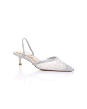 AJVANI Low Mid Kitten Heel Diamante Mesh Pointed Toe Slingback Mules - White