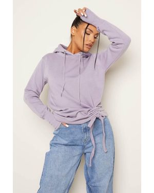 Femme Luxe Fleece Oversized Long Sleeve Ruched Front Hoodie - Purple