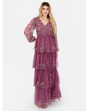 Maya Deluxe Embellished Long Sleeve Tiered Maxi Dress - Purple