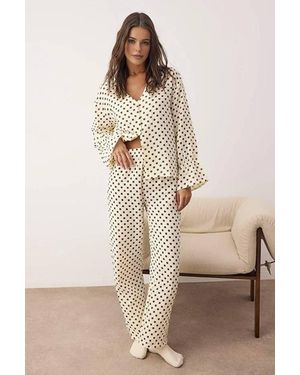 WOVCOR Polka Dot Cotton Muslin Wide Leg Long Sleeve Pyjama Set - Natural
