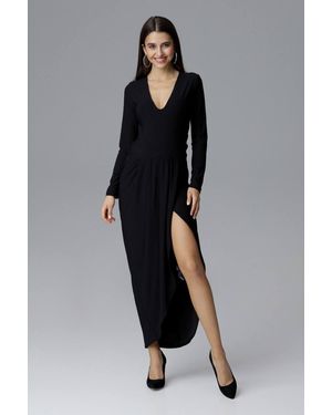 Love Lace Elegant Long Dress Heart Neckline Slit - Black