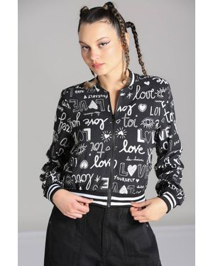 Hell Bunny Love Yourself Varsity Cropped Jacket With Love Print Stripe Rib Trim - Grey