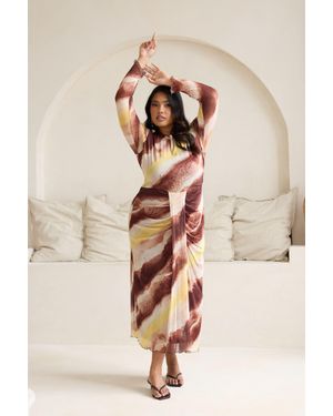 FASHION-SZN Curve Abstract Print Draped Front Long Sleeve Midi Dress - Natural