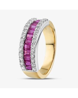 T.H.Baker 18Ct Two Baguette Cut Ruby & Brilliant Cut Diamond Half Eternity Ring R19039-Ruby N - Pink