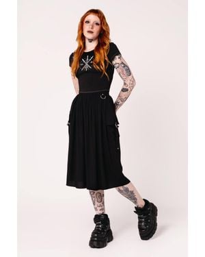 Hell Bunny Ashleigh Gathered Midi Skirt With Studded D-Ring Pockets Straps - Black