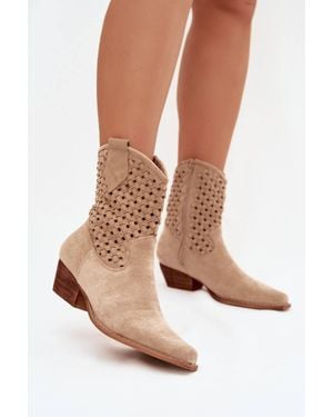 KDMD Lattice Suede Ankle Boots With Beveled Low Heel Zipper Closure - Natural