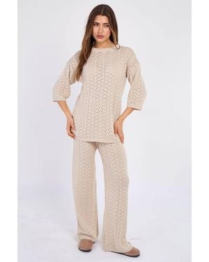 Stylewise Knitted Short Sleeve Top & Wide Leg Trouser Co-Ord Set - Natural