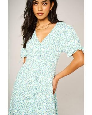 FS Collection Tie Sleeve Button-Front Midi Dress - Blue