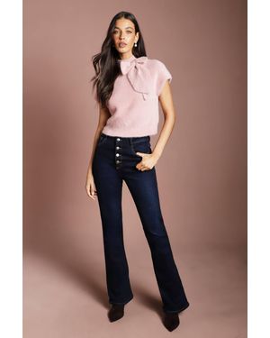 Coast Brushed Short Sleeve Bow Neck Detail Crop Knitted Top - Natural