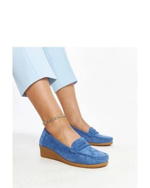 Love Lace Suede Wedge Loafers Platform Slip On Almond Toe Rubber Sole - Blue