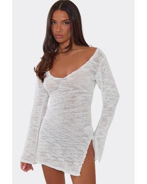 EGO Long Sleeve Split Hem Knit Mini Dress - White