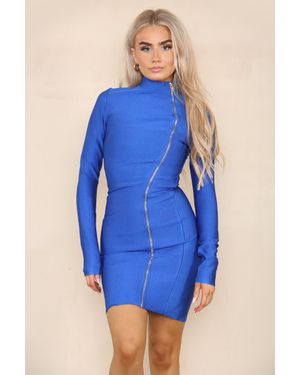 ELAINA FASHION Mock O Neck Front Full Zip Micro Mini Bodycon Dress - Blue