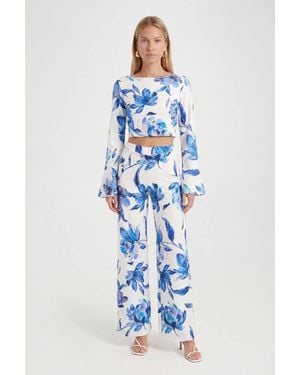 Roselle Floral Flare Sleeve Crop Top & Wide Leg Trouser Co-Ord Set - Blue