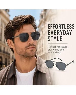 BluCore Hexagonal Aviator Sunglasses, Ultra Light Metal Frame - Black