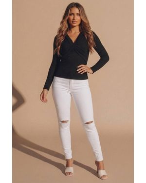 Femme Luxe High Waisted Skinny Jeans With Rip Detail - Natural