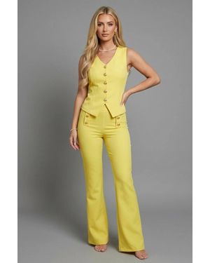 Stylewise Button Waistcoat Top & Wide Leg Trouser Co-Ord Set - Yellow