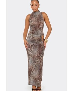EGO Cut Out Leopard Print Mid Rise Maxi Skirt - Grey