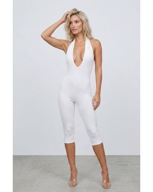 Stylewise Halter Open Back Plunge Neck Capri Jumpsuit - White