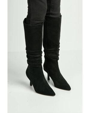 Miss Diva Zeli Low Kitten Heel Pointy Toe Rouch Calf Boots - Black