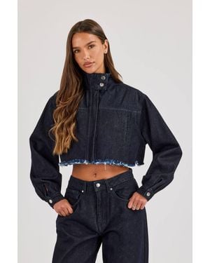 CERNUCCI Super Crop Funnel Neck Denim Jacket - Blue