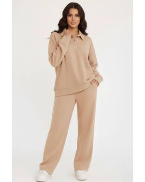 Stylewise Rugby Top & Straight Leg Trouser Co-Ord Set - Natural