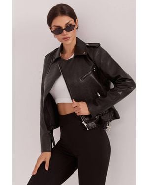 Love Lace Faux Leather Asymmetric Collared Biker Jacket - Black