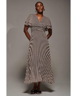 Jolie Moi Chiffon Ruffle Sleeve Pleated Maxi Dress - Brown