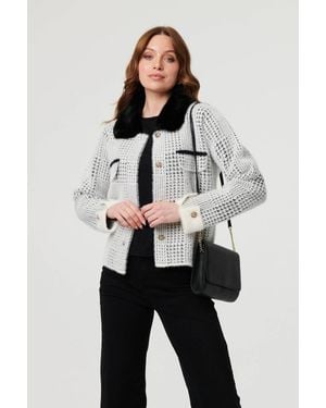 Izabel London Checked Faux Fur Long Sleeve Jacket - Grey