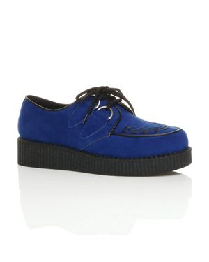 AJVANI Low Wedge Brothel Creepers Teddy Boy Lace Up Shoes - Blue