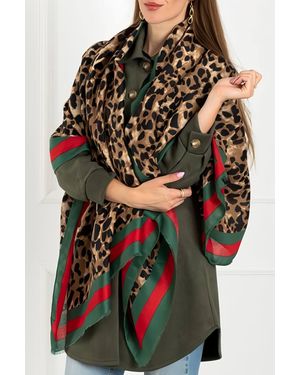 FS Collection Leopard & Strip Print Fringed Edges Scarf - Green
