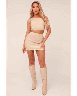 Rebellious Fashion Faux Leather One Shoulder Cropped Top & Mini Skirt Co-Ord - Natural