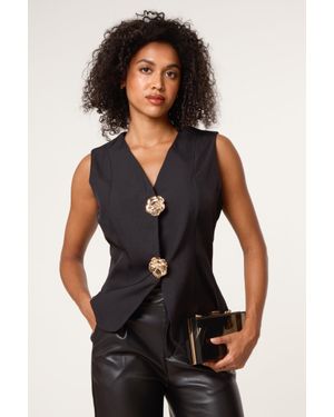 Blue Vanilla Sleeveless Button Up V-Neck Top - Black