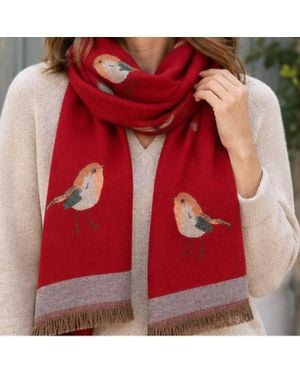 Love EMVY Robin Bird Scarf With Fringed Edge Country Wildlife Design - Red