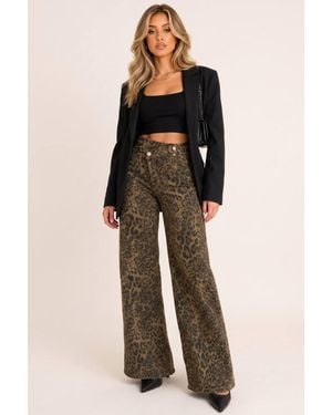 Rebellious Fashion Zendaya Leopard Print Wide Leg Denim Jeans - Brown
