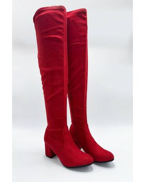 Miss Diva Jayda Over The Knee Block Heel Boots - Red
