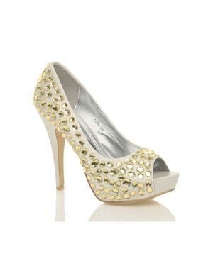 AJVANI High Heel Gem Embellished Peep Toe Shoes - Metallic