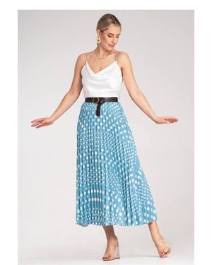 Love Lace Polka Dot Pleated Midi Skirt With Belt - Blue