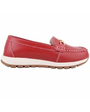 Absolute Footwear Genuine Smooth Leather Easy Slip On Loafer Shoes, Chunky Sole - Red