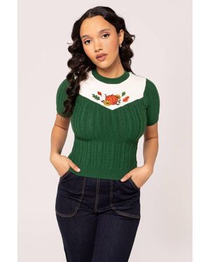Hell Bunny Autumn Cable Knit Top With Pumpkin Embroidery Panel - Green
