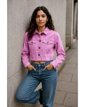 Stylewise Distressed Raw Hem Cropped Denim Jacket With Pockets - Purple