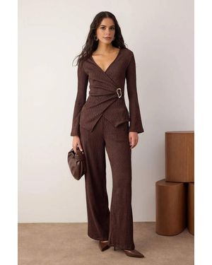 WOVCOR Knit Wrap Top & Wide Leg Trousers Co-Ord Set W/ Buckle Detail - Brown