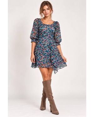 Cutie London Floral Chiffon Ruffle-Trim Mini Dress - Blue
