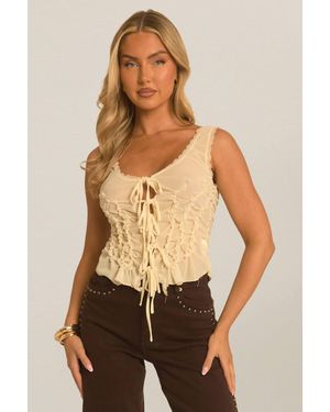 Rebellious Fashion Shirred Tie Front Top - Natural