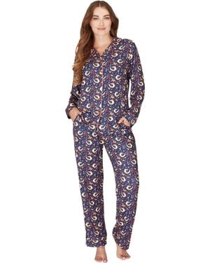Wisteria Lane Golden Leaves Long Sleeve Button-Through Pyjama Set - Blue
