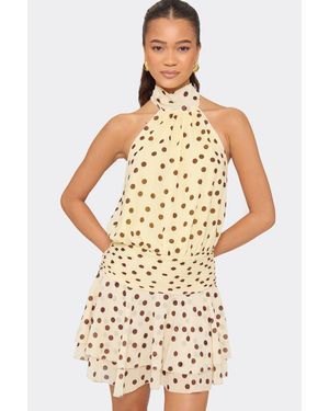 EGO Blouson Style Sleeveless Frill Trim Polka Dot Mini Dress - Natural